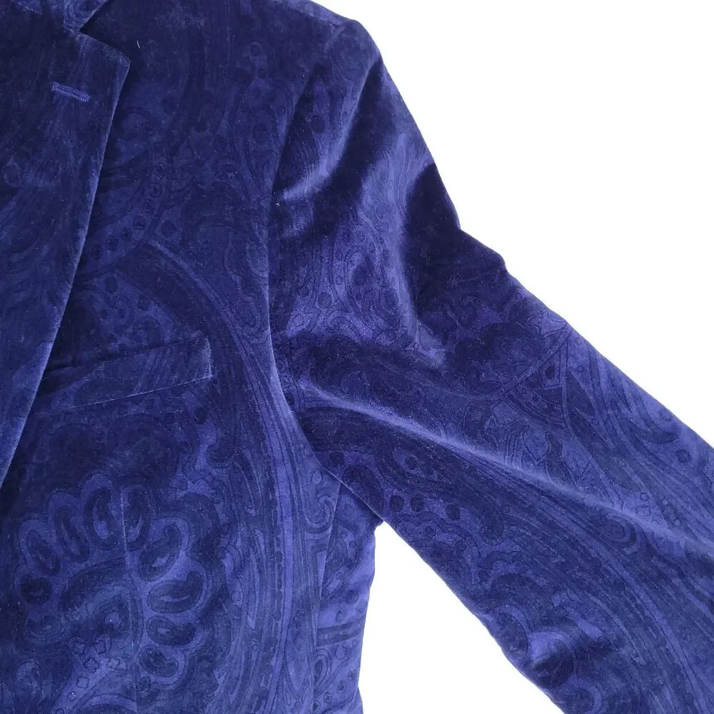 Bar III Blazer Mens 40S Blue Velvet Paisley 2 Button Slim Fit